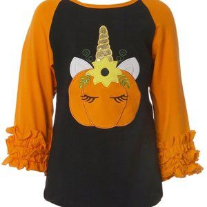 Little Girls Kids Halloween Pumpkin Raglan Ruffle Shirt Top Tee Thanksgiving